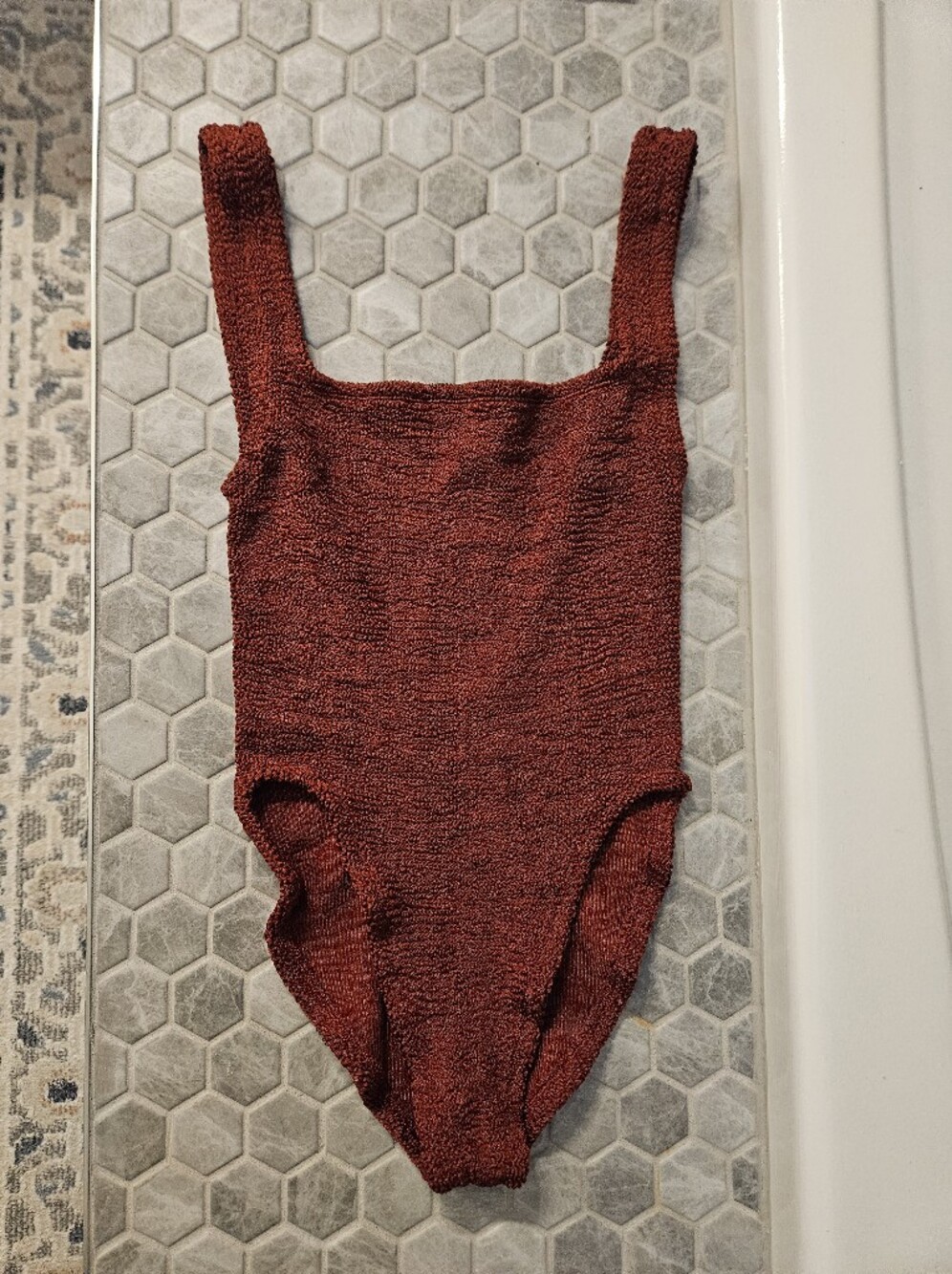 Hunza G Square Neck Swim Suit In Metallic Chesnut - Picture 6 of 8